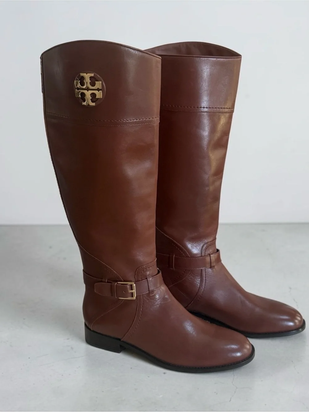 Tory Burch Chestnut Brown Leather Tall Riding Boots with Gold Logo Size 9.5
